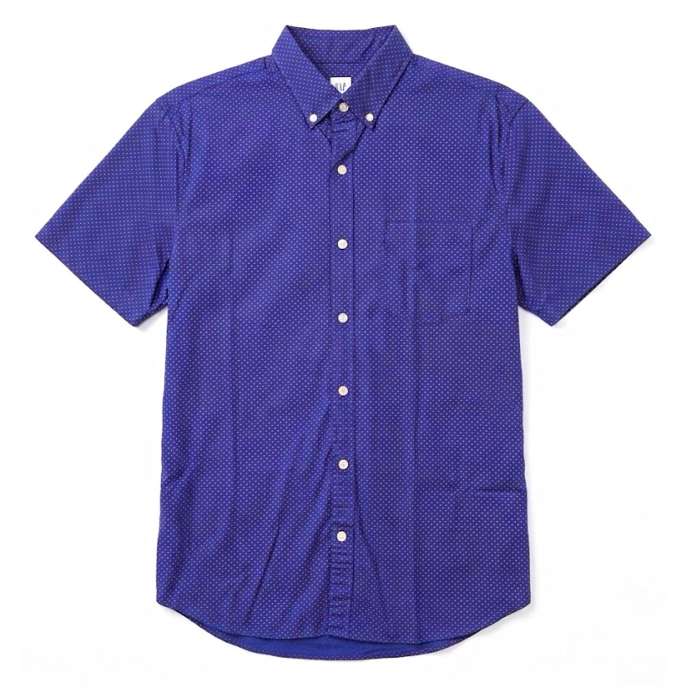GAP Mens Shirt M Blue/Red Polka Dot Slim Fit Stretch Button Up Short Sleeve